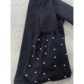 Pearl Detail Chic High Neck Long Sleeve Shirt - Polyester-Spandex Blend, Solid Color, Regular Fit, Woven Fabric, Ideal for Spring/Fall - Women'S Fashion