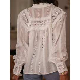 Women'S French-Inspired Elegant Long Sleeve Blouse with Lace Detailing - Round Neck, Button-Up Shirt in White, Perfect for Spring/Summer/Fall, Casual to Formal Wear, Casual Attire | Frenchinspired Blouse | Lace Detailing, Ladies Blouses