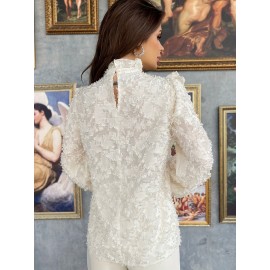 Mock Neck Ruffle Decor Blouse, Chic Long Sleeve Textured Blouse For Spring & Fall, Women's Clothing