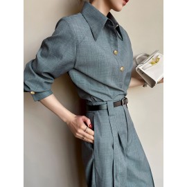 [Structured Collar] Structured Collar Blouse Women's | Long Sleeve Wrinkle-Resistant Shirt Jacket-like Top, Solid Grey with Buttons, Tailored Casual & Professional Wear for Office, Semi-Formal Events, Machine Washable Spring/Fall Outerwear