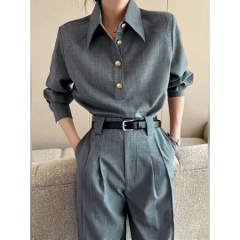 [Structured Collar] Structured Collar Blouse Women's | Long Sleeve Wrinkle-Resistant Shirt Jacket-like Top, Solid Grey with Buttons, Tailored Casual & Professional Wear for Office, Semi-Formal Events, Machine Washable Spring/Fall Outerwear