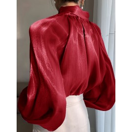 [Laceup Detailing Retro Fashion] Vintage Elegant Women's Blouse - Long Sleeve High Neck Shirt with Tie-Front Detail, All-Season Formal & Everyday Blouse for Office, Parties, Casual Outfits - Women's Clothing, Party Attire, Laceup Detailing, Office Attire, Retro Fashion