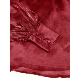 [Laceup Detailing Retro Fashion] Vintage Elegant Women's Blouse - Long Sleeve High Neck Shirt with Tie-Front Detail, All-Season Formal & Everyday Blouse for Office, Parties, Casual Outfits - Women's Clothing, Party Attire, Laceup Detailing, Office Attire, Retro Fashion