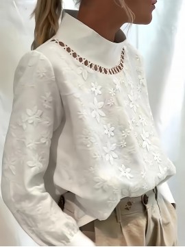 Spring and Autumn Fashion New Solid Color Embroidered High Neck Long Sleeve Shirt for Women