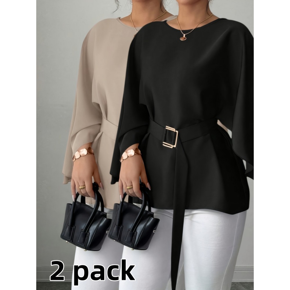 2pcs Women'S French Style Round Neck Batwing Sleeve Blouse with Waist Tie - Elegant Solid & Tunic Shirts, All-Season Layering Tops for Casual & Formal, Versatile Clothing, Classic Design, Stylish Shirt, Fashion Lovers, Office Wear