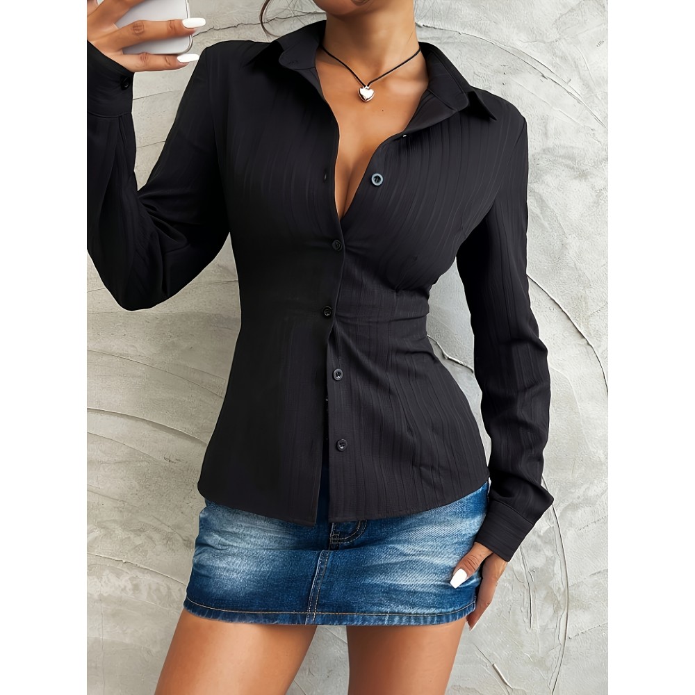 [Elegant Button-Up Blouse] Women's Elegant Collar Button-Up Shirt - Solid Black Long Sleeve Blouse, Classic Collar Design, All-Season Versatile Top for Casual & Formal Wear, Durable Fabric, Easy Care, Stylish Layering Piece, Timeless Fashion, Quality Stitching, Buttonup Blouse, Stylish Wardrobe