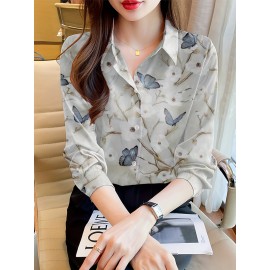 Women'S Elegant Floral and Butterfly Print Long Sleeve Shirt - Casual Turnover Collar, Single-Breasted POLO Style Top for Spring/Fall, Floral Print Blouse