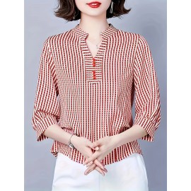 [Breathable Black & White] Elegant Women's Loose V-Neck Shirt With 3/4 Sleeves And An Asymmetrical Hem, Breathable Black And White Stripes For Spring, Summer, And Autumn