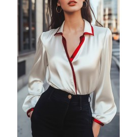 Women'S Elegant V-Neck Blouse with Red Trim - Long Sleeve, Button-Up Shirt in White & Red, Perfect for Spring/Fall, Stylish Office or Casual Wear, Ladies Blouses, White Satin Blouse For Women Elegant