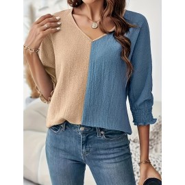 Elegant Color Block V-Neck Blouse for Women - Breathable Polyester, Machine Washable - Perfect for Spring/Summer/Fall
