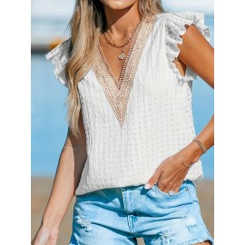 Women's Casual V-Neck Blouse with Lace Detail - Breathable Polyester, Machine Washable - Perfect for All Seasons
