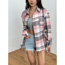 Women's Casual Long Sleeve Gingham Shirt - 100% Polyester Lapel Collar Blouse with Pockets, Regular Fit Plaid Button-Up for Fall/Winter