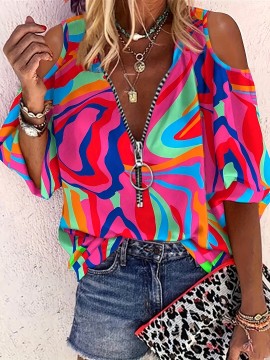 Ladies' printed off shoulder V-neck zipper lantern top T-shirt