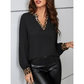 Elegant Women's Leopard Print V-Neck Blouse - Semi-Sheer, Color Block Design, Machine Washable