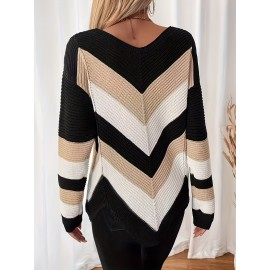 Women's Beige/Navy/Black/Brown/White/Gray V-Neck Color Block Sweater - Slim-Fit Long Sleeve Sweater Jacket with Collar, Hand Washable Winter Coat for Casual & Formal Wear, Elegant Fall Winter Sweating-Layering Piece