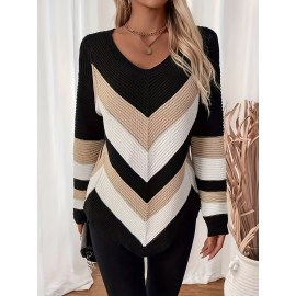 Women's Beige/Navy/Black/Brown/White/Gray V-Neck Color Block Sweater - Slim-Fit Long Sleeve Sweater Jacket with Collar, Hand Washable Winter Coat for Casual & Formal Wear, Elegant Fall Winter Sweating-Layering Piece