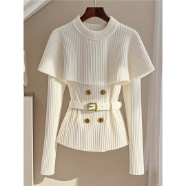 [White Sweater] Soft Acrylic Elegant White Sweater | Round Neck Pullover, Fitted Waist Belt, Ribbed Texture, Golden-Tone Buttons, Fall Winter Women's Chic Top for Casual or Formal Outfits