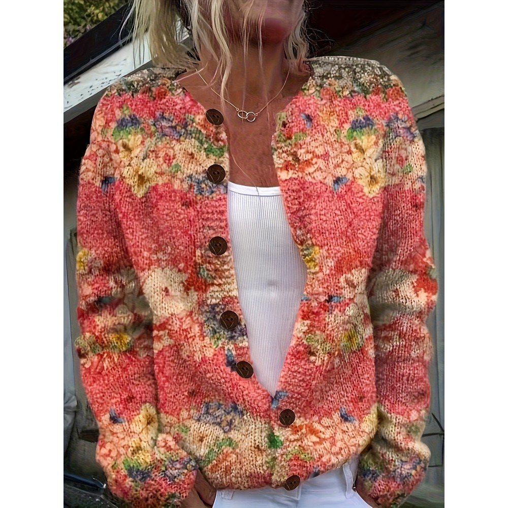 Women'S Vibrant Floral Print Cardigan - 3D All-Over Design, Button-Up Front, Long Sleeves, Lightweight & Breathable for Spring/Fall, White Ribbed Top Underneath, Casual Chic Style, Spring Outerwear | Vibrant Cardigan | Texture