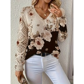 Women'S Elegant V-Neck Long Sleeve Sweater - Floral Print Pullover with BrownRed/Orange/ - Non-Stretchy Sweater for Fall/Winter, Office, Party, Everyday Outfits - Women'S Sweater, Ladies Sweaters, Party Attire, Vneck Design, Durable Knitwear