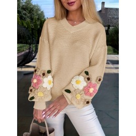 V-Neck Color Block Three-Dimensional Lantern Sleeve Versatile Pullover Top