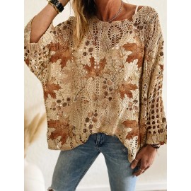 Women'S Off-Shoulder Top with Maple Leaf Print - Casual, Elegant, and Perfect for Vacation, Spring/Summer Collection, Long Sleeve, Loose Fit, Beige, Casual Wear|Elegant Offshoulder Top| Construction, Off Shoulder Top
