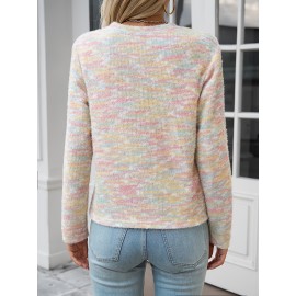 Women's Rainbow Striped Sweater - Pastel Color Block Design, Soft Round Neck Pullover, Hand Washable All-Season Casual Top, Cute Sweaters, Durable Fabric