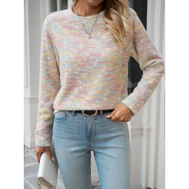 Women's Rainbow Striped Sweater - Pastel Color Block Design, Soft Round Neck Pullover, Hand Washable All-Season Casual Top, Cute Sweaters, Durable Fabric
