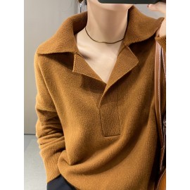 Women'S Elegant Brown Cardigan - Soft Pullover Sweater with Collar, Loose Fit Long Sleeve Top for Fall/Winter, All-Season Layering Essential, Casual Chic Style, Sweater Cardigan