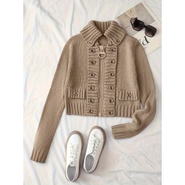 Multi-button decorated large zipper stand-up collar slim-fit cardigan