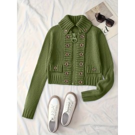 Multi-button decorated large zipper stand-up collar slim-fit cardigan