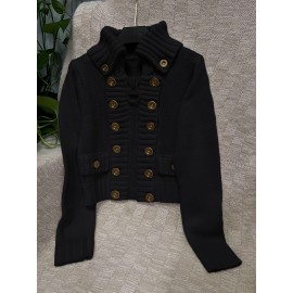 Multi-button decorated large zipper stand-up collar slim-fit cardigan