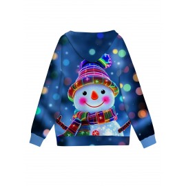 Women'S 3D Printed Snowman & Snowflake Cardigan - Sparkling Winter Sweater Coat with Hooded Collar, Long Sleeve Slim-Fit Outerwear, Machine Washable Christmas Party Outfit, Cozy Casual Winter Jacket for Casual Attire & Holiday Events