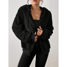 Plus Size Women's Winter Hooded Zip Jacket - Solid Color Sporty College Style Sweatcoat with Hood, Thick Warm Outerwear for Cold Weather, Gym, Skiing & Casual Attire (Machine Washable)