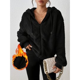 Plus Size Women's Winter Hooded Zip Jacket - Solid Color Sporty College Style Sweatcoat with Hood, Thick Warm Outerwear for Cold Weather, Gym, Skiing & Casual Attire (Machine Washable)
