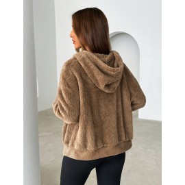 Plus Size Women's Winter Hooded Zip Jacket - Solid Color Sporty College Style Sweatcoat with Hood, Thick Warm Outerwear for Cold Weather, Gym, Skiing & Casual Attire (Machine Washable)