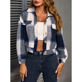Women's Plus Size Sporty Loose Fit Casual Plaid Shirt Jacket - Long Sleeve Button-Up Front with Golden-Tone Buttons, Classic Collar & Machine Washable, Blue/White/Black/Beige for Fall Winter Layering, Autumn Apparel, Durable Fashion, Casual Attire, Quality Stitching, Everyday Outfit