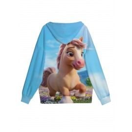 Women's Cute Horse & Flower Print Cardigan Jacket - Soft Slim-Fit Winter Coat with Hood-like Collar, Long Sleeve Blazer for Fall & Winter, Machine Washable Sweater (No Belt) - Equestrian-Themed Outerwear