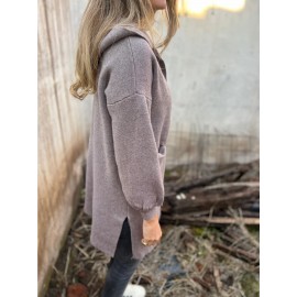 Women's Fleece Hooded Jacket - Elegant Casual Winter Coat with Full-Length Pockets, Machine Washable Outerwear in Black, Brown, Grey, Navy, or Beige - Cozy Fall & Winter Outerwear for Everyday or Formal Events