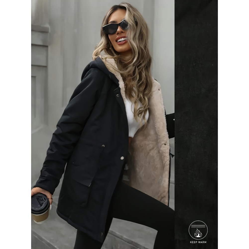 Women'S Plus Size Hooded Jacket - Windproof Winter Coat with Snap Button Closure, Full-Zip Front, Long Sleeve Athletic Outerwear for Gym, Running, Casual Outfits - Cold Weather Outerwear (Fall/Winter), Running Gear, Sporty Design, Durable Fabric, Fitness Enthusiasts