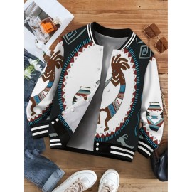 Women's Southwest Kokopelli Native American Tribal Jacket - Turquoise & Kokopelli Flute Print Hoodie Coat, Warm -like Blended Fabric, Plus Size Winter Casual Wear, Southwestern Style Gift for Native American Heritage
