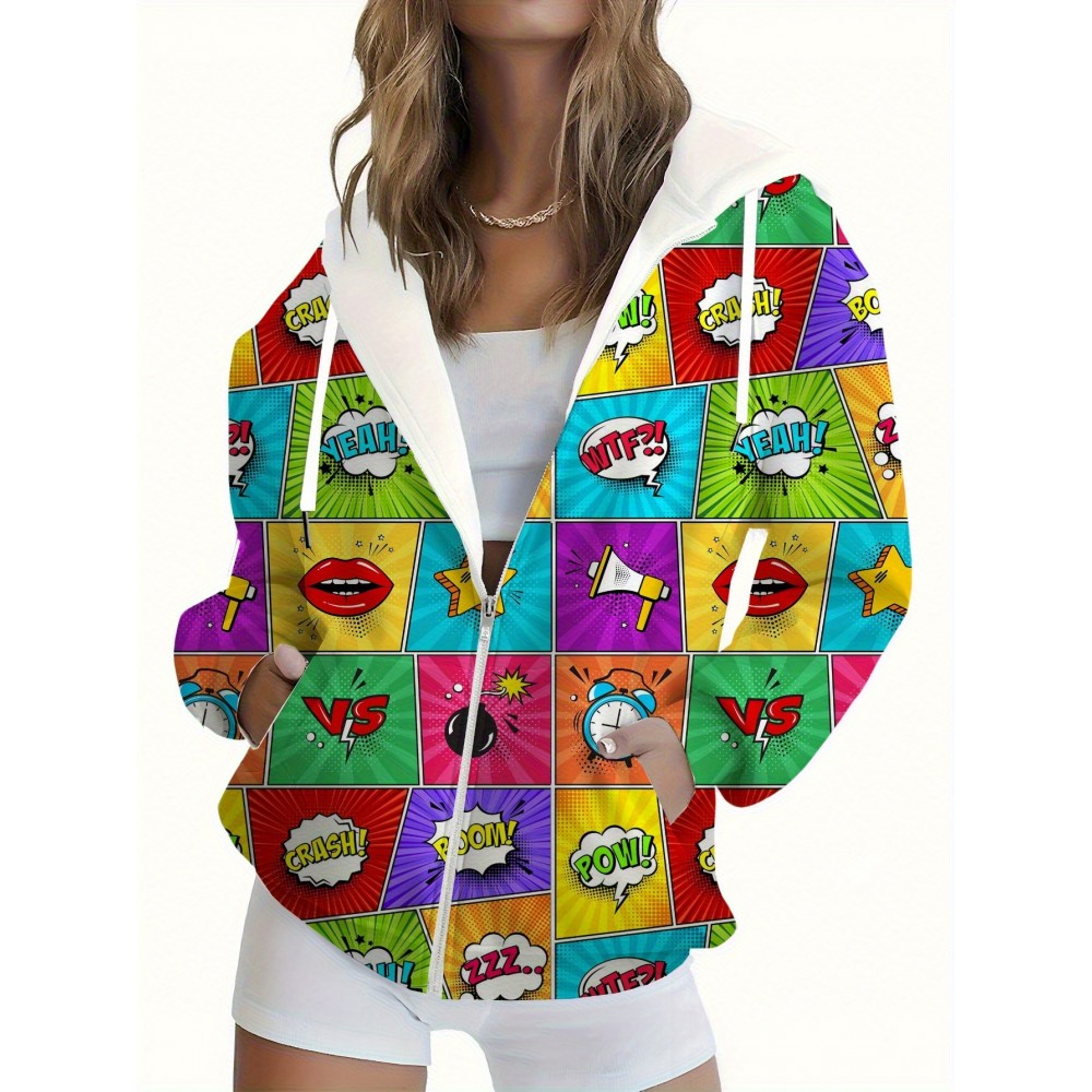 Women's 80s 90s Retro Pop Art Hooded Jacket - Full-Zip H-Line Winter Coat with Lips, Music Notes & Cassette Tapes Print, 3D All-Over Retro Design, Machine Washable Casual Themed Party Outfit (Vibrant 80s/90s Style)