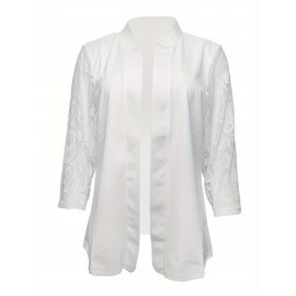 Plus Size - Women'S Elegant Lace Sleeve Blazer - Structured Lapel Collar Tailored Fit Cardigan, Solid Black with Contrast Lace Cuff & Hem, Spring Summer Casual to Semi-Formal Outerwear, Versatile for Everyday & Special Occasions, Lace Blazer for Women Plus Size, Plus Size Lace Blazer for Women Plus Size Coats And Jackets, Formal Lace Blazer for Women, Stretch Blazer For Women