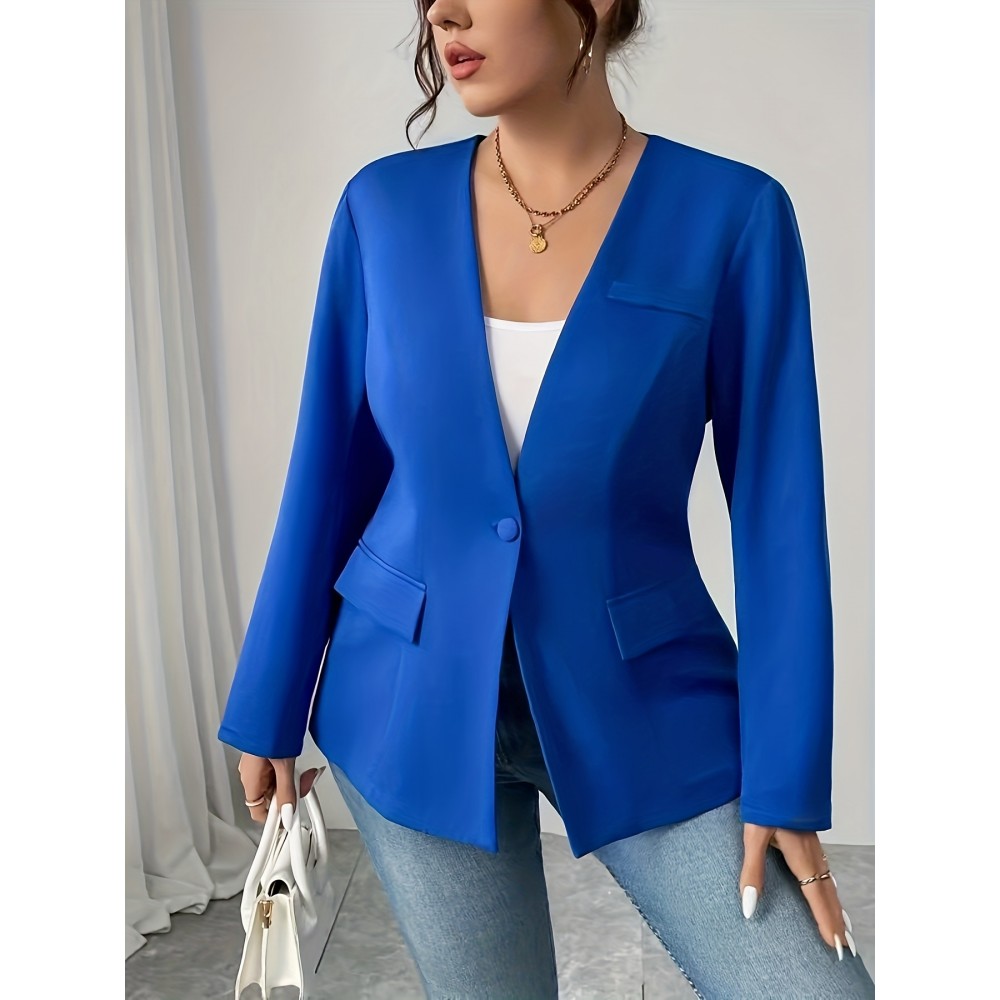 Plus Size - Plus Size, - Plus Size, Women'S Elegant Blue Blazer - Structured Lapel Collar, Non-See-Through Professional Jacket for Everyday & Special Events, Spring/Fall/Summer Outerwear