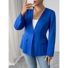 Plus Size - Plus Size, - Plus Size, Women'S Elegant Blue Blazer - Structured Lapel Collar, Non-See-Through Professional Jacket for Everyday & Special Events, Spring/Fall/Summer Outerwear