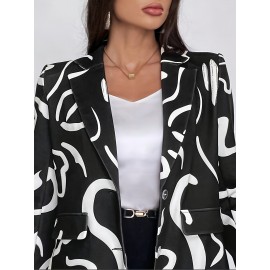 Plus Size, Women's Plus Size Abstract Line Art Blazer - & Notch Collar Jacket, H-Line Silhouette with Single-Breasted Button Closure, White & Black, for Office, Semi-Formal & Casual Attire - Elegant & Tailored (Machine Washable)