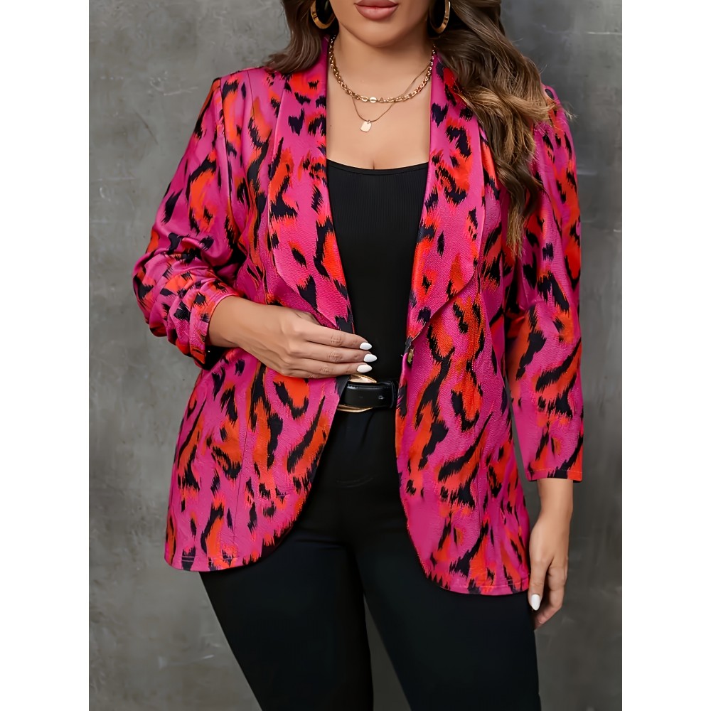 Plus Size, One Piece Autumn/Winter Plus Size Color Block Women's Leopard Print Lapel Long Sleeve Button Front Casual Fashion Coat