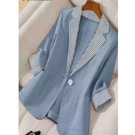 Plus Size - Plus Size, Women'S Plus Size British Style Blazer - Elegant & Contrast Lapel Lapel Jacket, Structured Loose Fit Tailored Suit Coat for Professional & Formal Occasions, Spring/Fall Casual to Formal Outfits, Classic Solid Color Non-Stretch