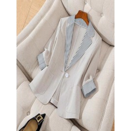 Plus Size - Plus Size, Women'S Plus Size British Style Blazer - Elegant & Contrast Lapel Lapel Jacket, Structured Loose Fit Tailored Suit Coat for Professional & Formal Occasions, Spring/Fall Casual to Formal Outfits, Classic Solid Color Non-Stretch