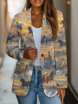 Plus Size, Women's Western Cowgirl Print Blazer Jacket - Horse & Cowboy All-Over Pattern (Horses/Tents/Hats) - Soft-Lining Polyester Suit Coat for Casual & Professional Wear, Cowboy-Themed Events, Wrinkle-Resistant H-Line Fit (No Belt), Printed Blazers For Women, Jackets For Women, Blazers For Women Elegant Classy, Halloween Plus Size, Casual Blazer For Women, Unusual Clothes For Women, Suits For Women, Halloween Coat, Boho Blazer For Women, Leopard Long Coat, Tops For Women