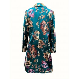 Plus Size - Plus Size Women'S Elegant Floral Print Blazer - Long Sleeve, Single-Breasted, Non-Stretch Fabric, Lapel Collar, Regular Fit, Fall/Winter Casual, Casual Wear Blazer | Floral Print Blazer | Nonstretch Fa